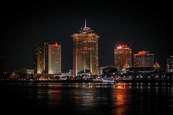 The downtown New Orleans skyline across the river at night